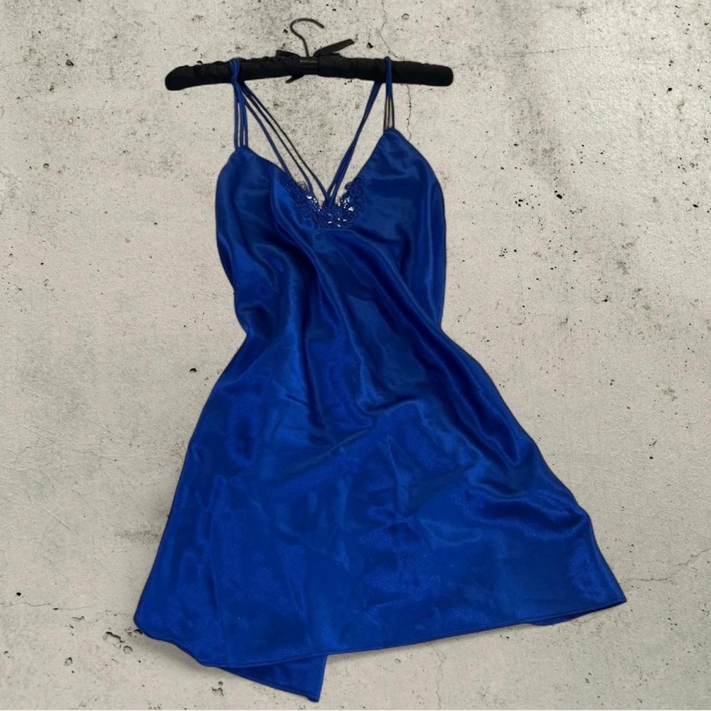 Blue Satin lace trim slip dress with criss cross straps and lace design in chest